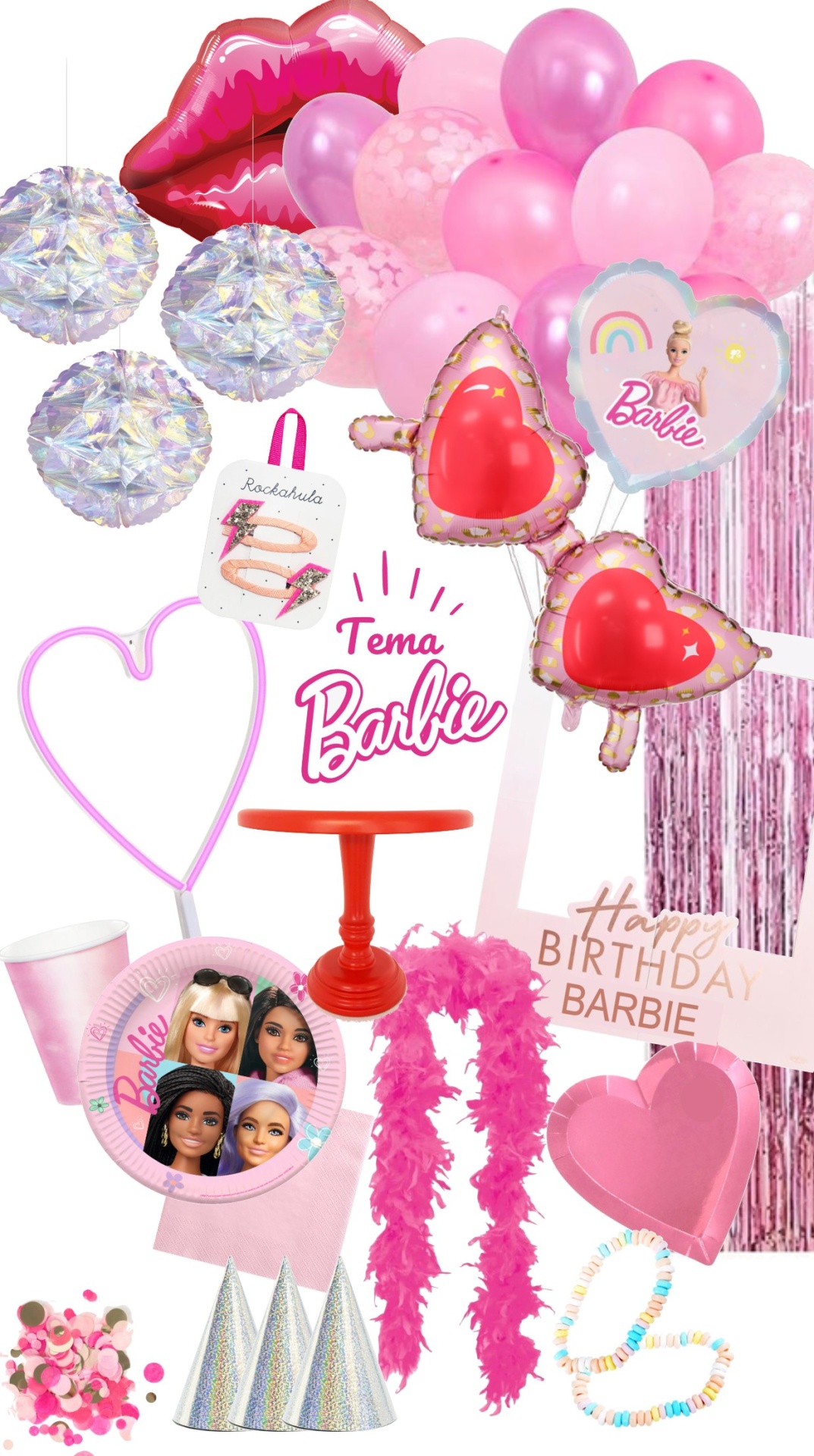 Decoração para festa temática Barbie com balões, pratos, chapéus e adereços cor de rosa e prateados