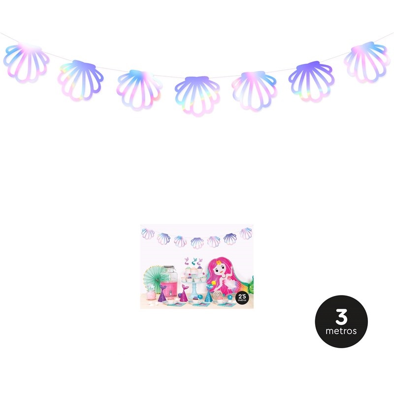 Guirlanda decorativa com conchas em tons pastel e iridescentes, 3 metros