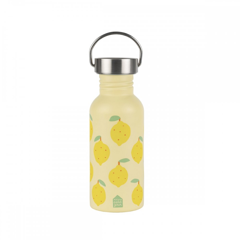 Garrafa de metal creme com limões amarelos e tampa prateada com alça
