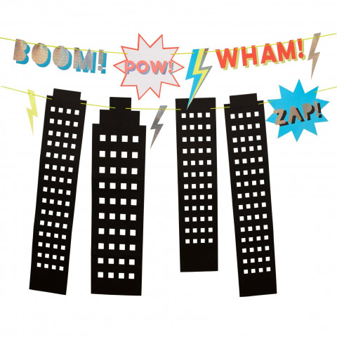 Guirlanda decorativa com prédios pretos e palavras emonómicas coloridas