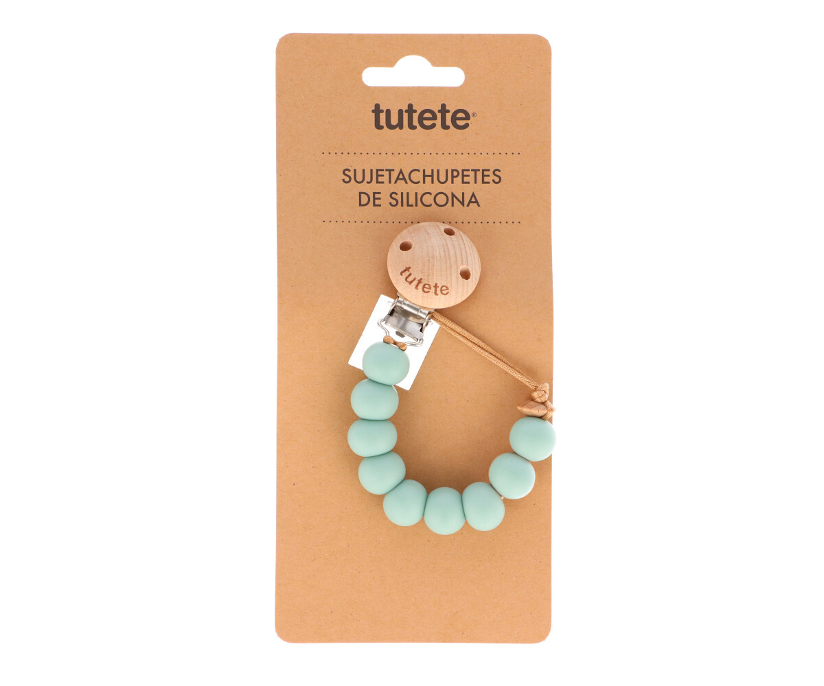 Sujeta chupetes de silicone azul claro com fecho de madeira