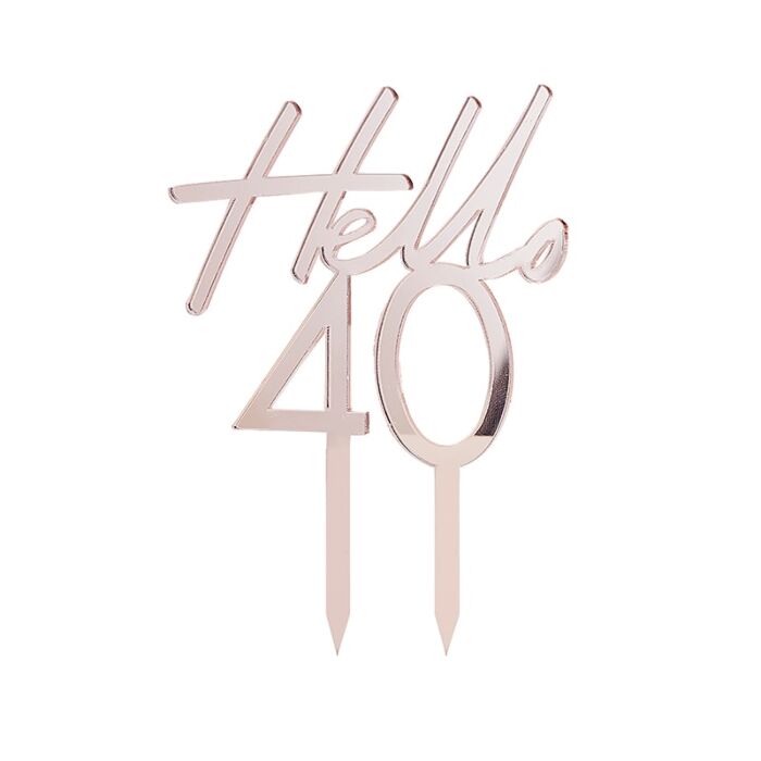 Topper para bolo em acrílico cor de ouro rosa com texto Hello 40
