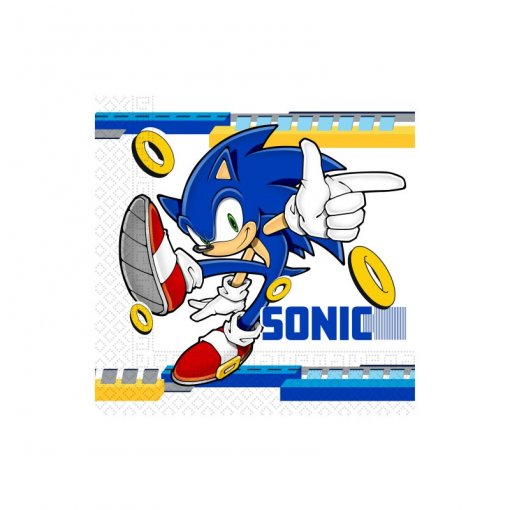 Personagem Sonic azul com anéis amarelos e texto SONIC