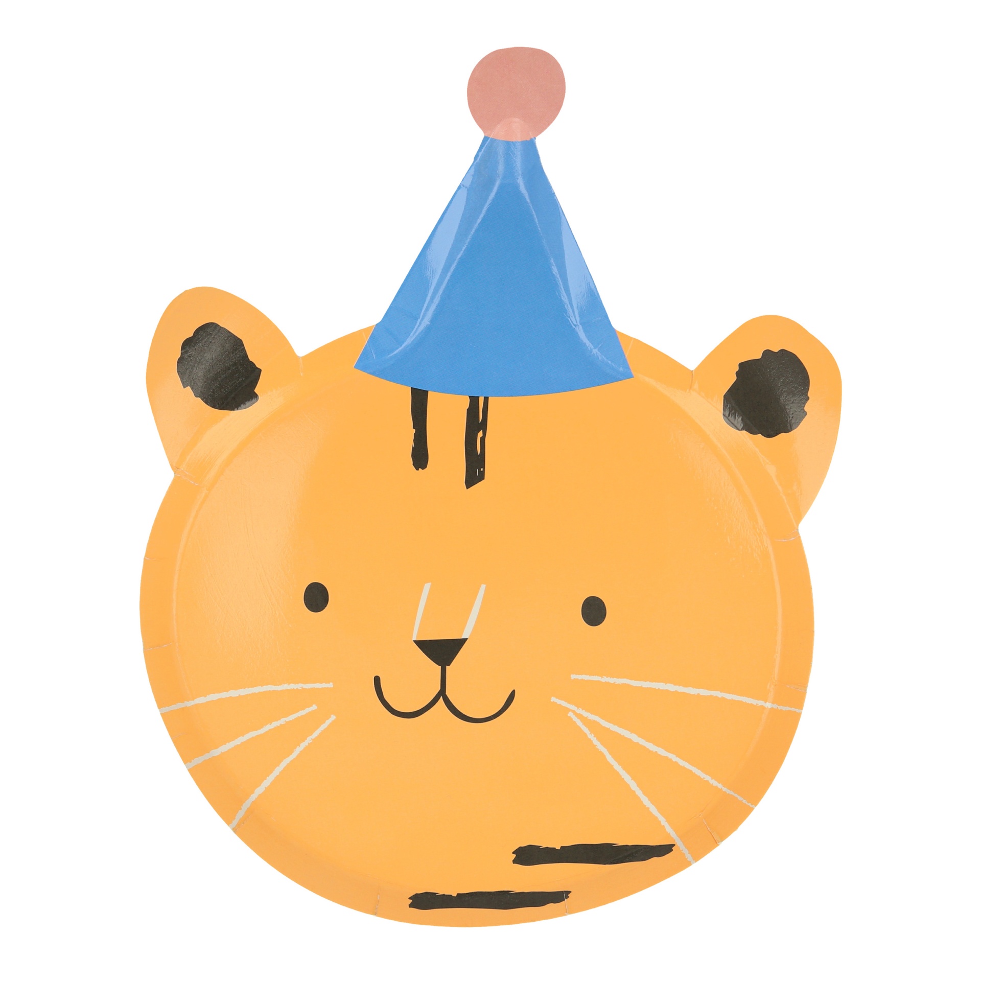Prato de festa em papel com desenho de cabeça de tigre com chapéu de festa