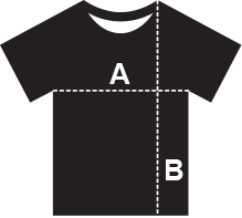 Ilustração de uma t-shirt preta com indicações de medidas A e B em branco