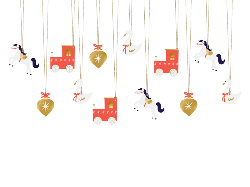 Enfeites de Natal pendurados com cavalos, comboios, cisnes e corações em cores branco, vermelho, dourado e azul escuro