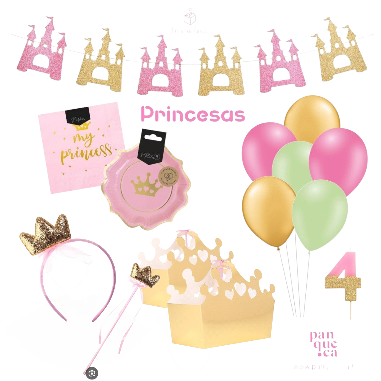 Conjunto de decoração de festa infantil princesa com coroas, balões coloridos, guardanapo e topo de bolo número 4