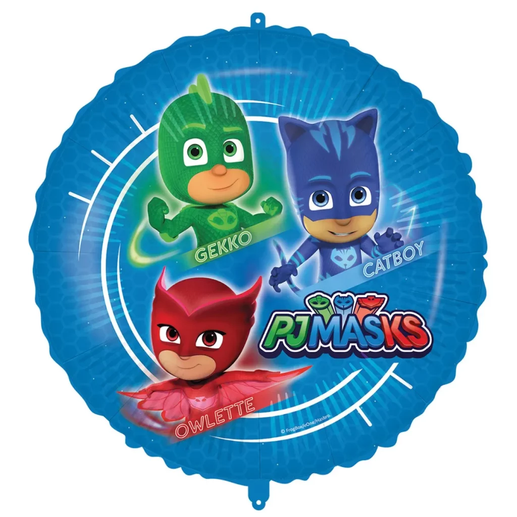 Balão de folha azul com personagens Gekko, Catboy e Owlette de PJ Masks