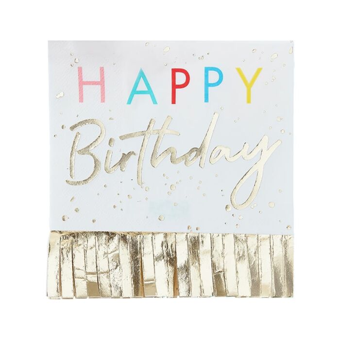 Guardanapos de papel Happy Birthday com letras coloridas e douradas