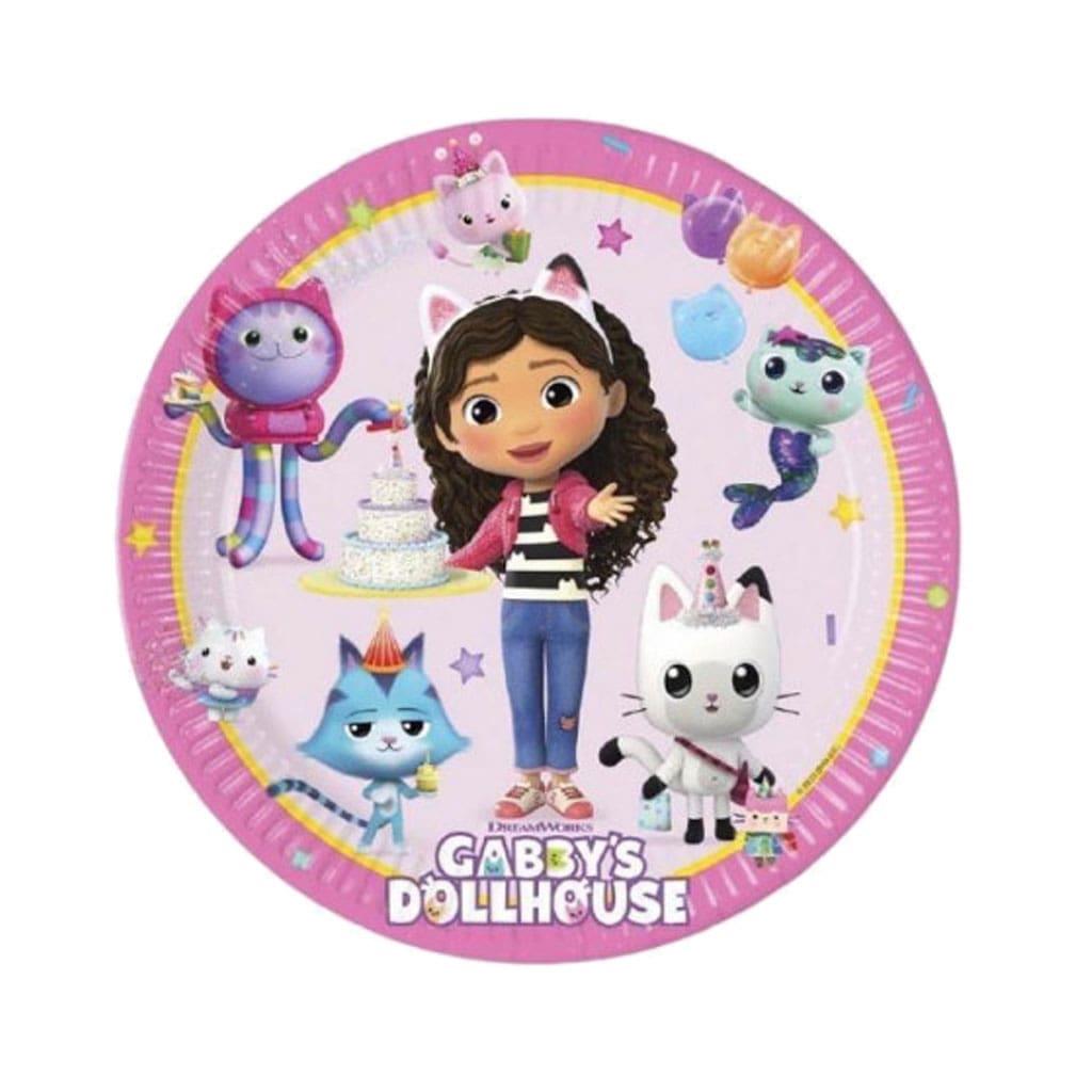 Prato de papel Gabby's Dollhouse com personagens e balões coloridos
