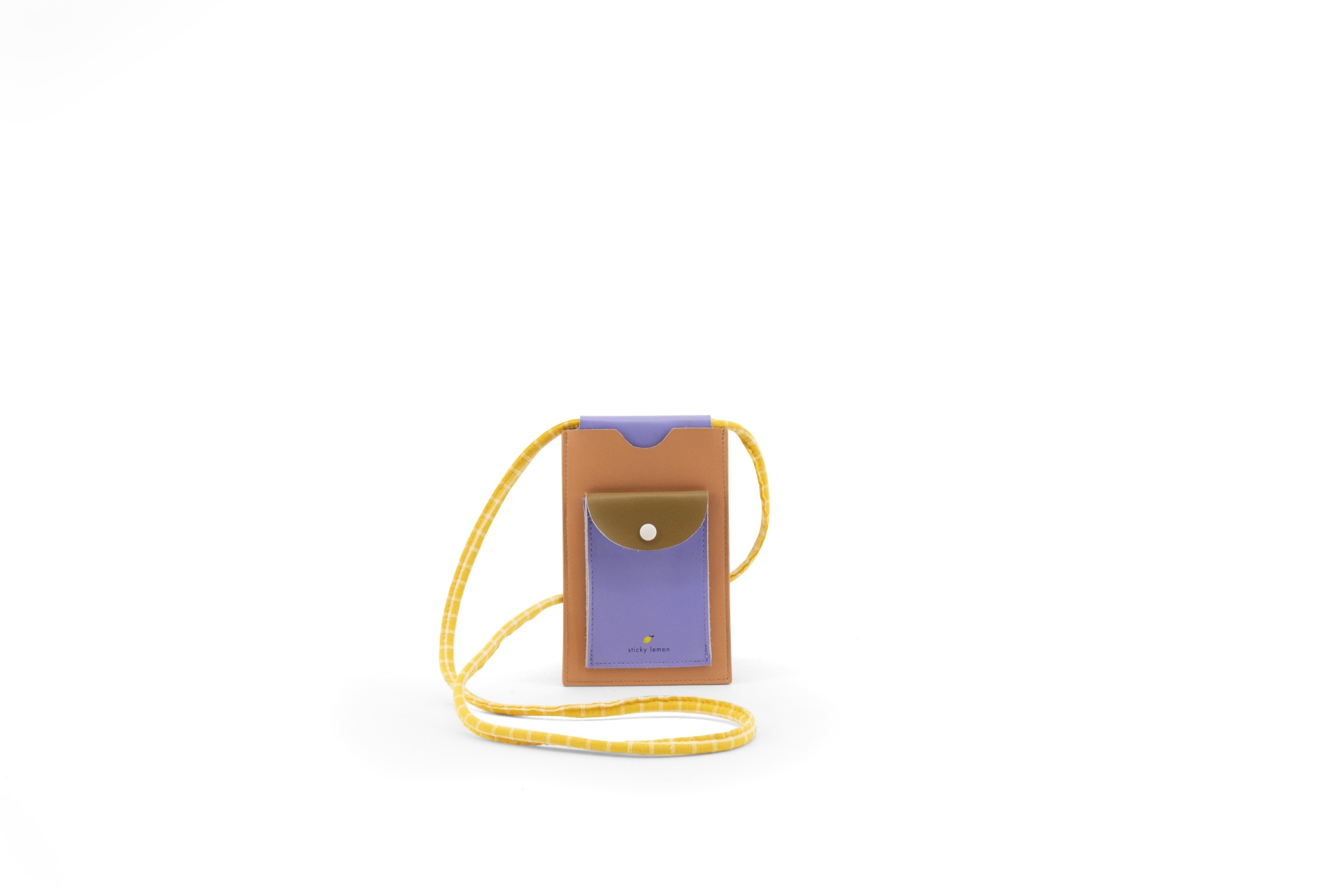 Bolsa pequena castanho e lilás com cordão amarelo