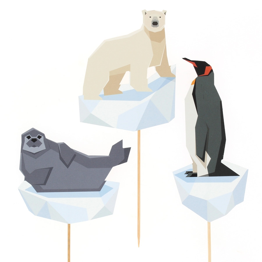Espetos decorativos de animais do Ártico em papel com urso polar, foca e pinguim