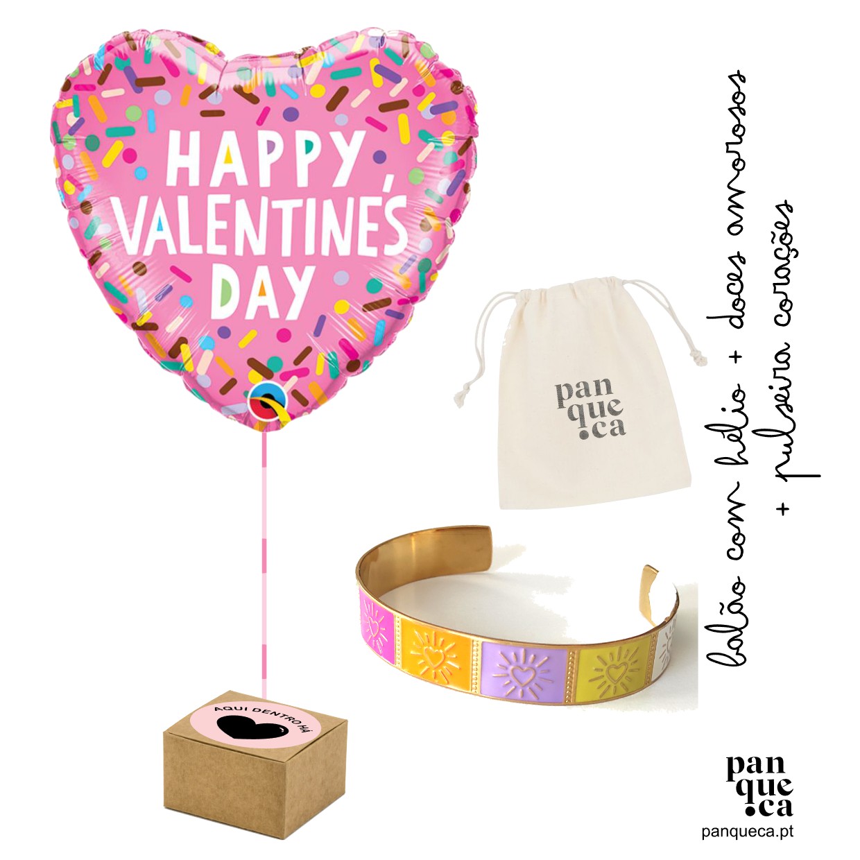 Balão coração rosa 'HAPPY VALENTINES DAY', faixa metálica colorida e saco de pano 'panqueca'.
