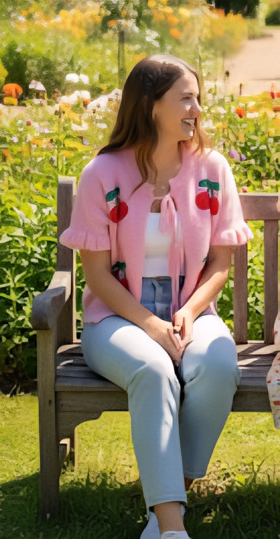 Mulher sentada num banco de madeira num jardim florido com camisola rosa decorada