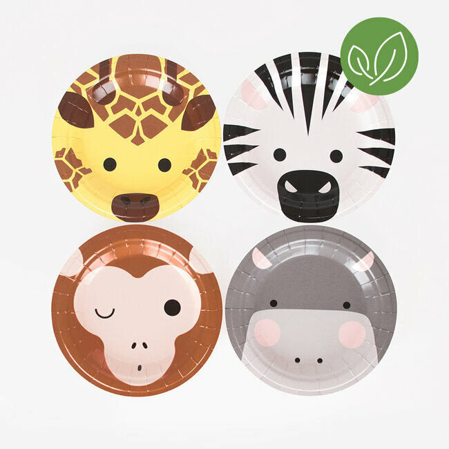 Pratos de papel com desenhos de animais safari: girafa, zebra, macaco e hipopótamo