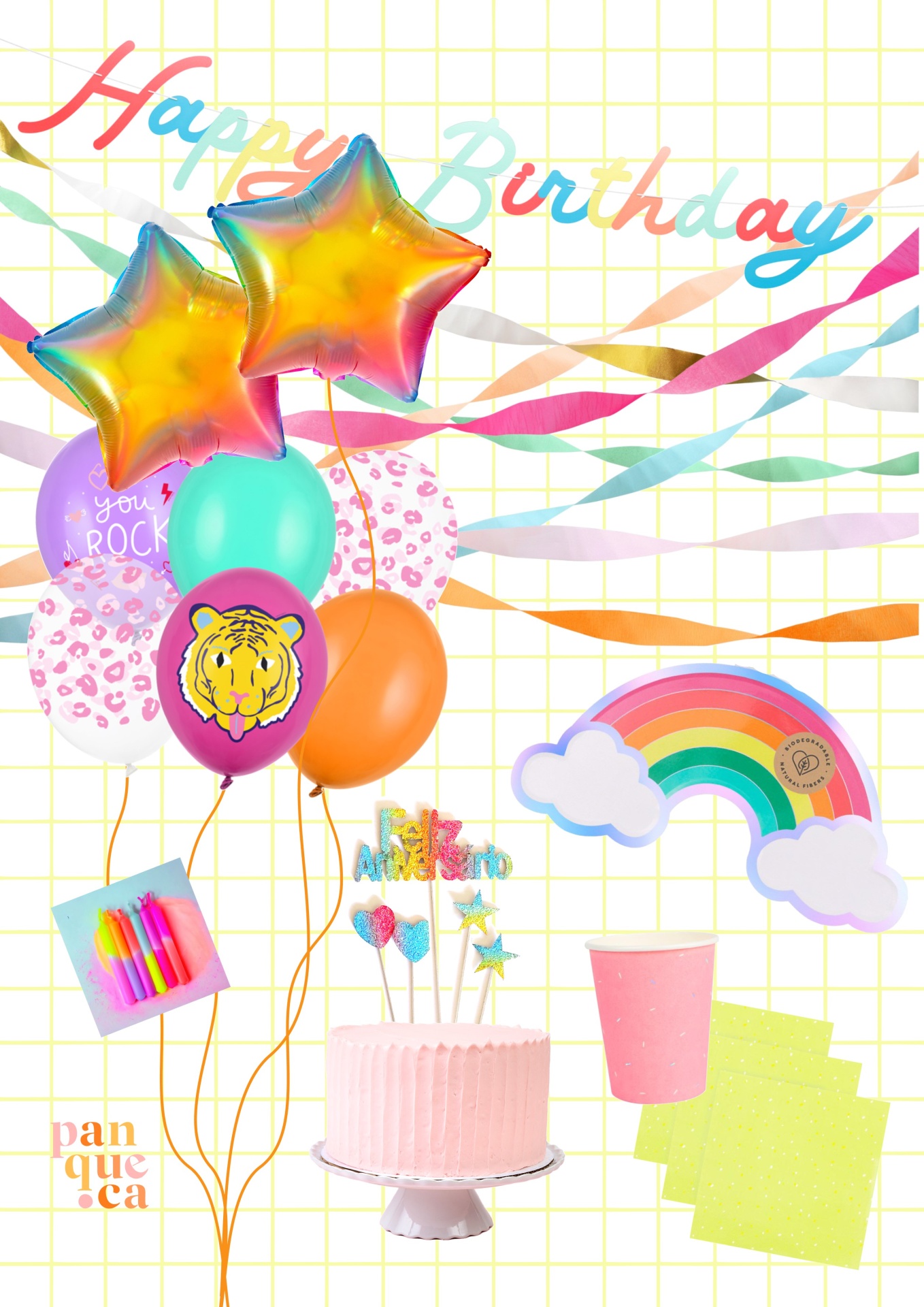 Decoração de festa colorida com balões, bolo rosa, velas, copo e guardanapos.