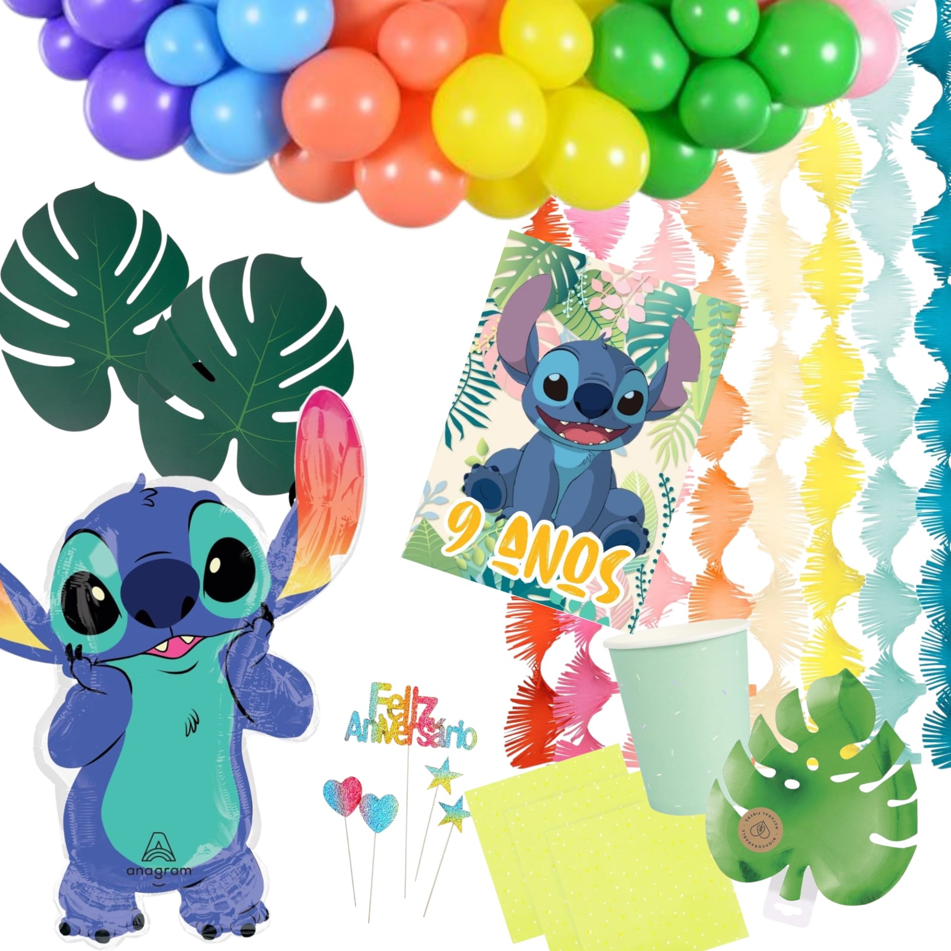Decoração de festa infantil com tema Stitch, balões coloridos, folhas verdes e acessórios amarelos
