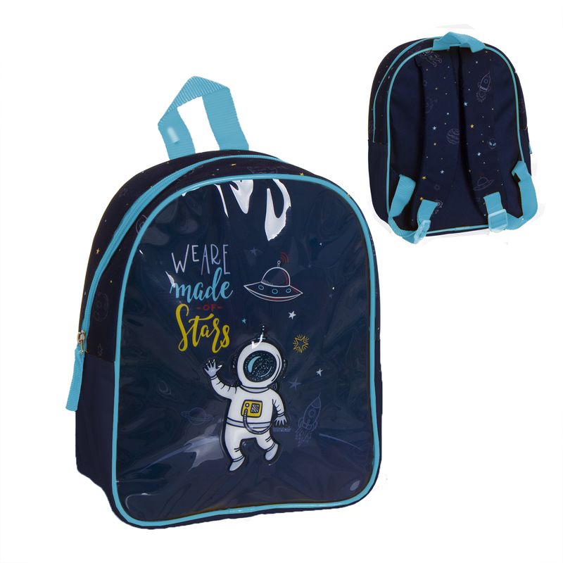Mochila infantil azul escura com desenho de astronauta e texto WE ARE made Stars.