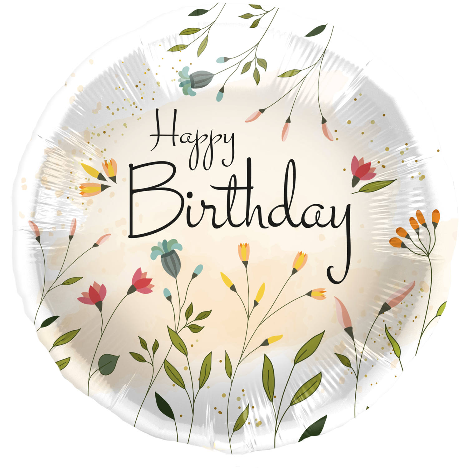 Prato descartável branco com flores coloridas e texto Happy Birthday