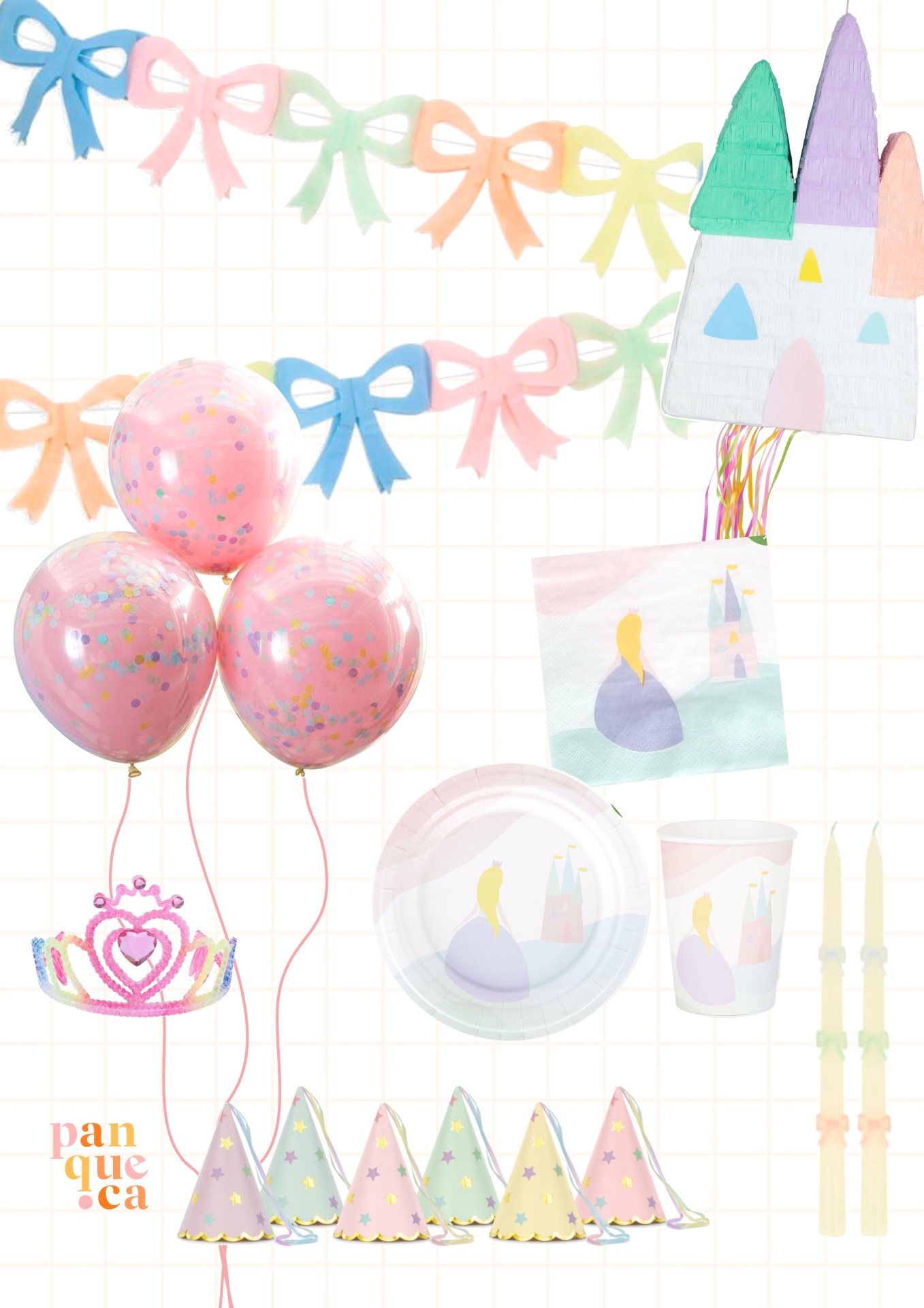 Decoração de festa infantil com balões, chapéus, pratos, copos e pinhata coloridos com tema de princesa.