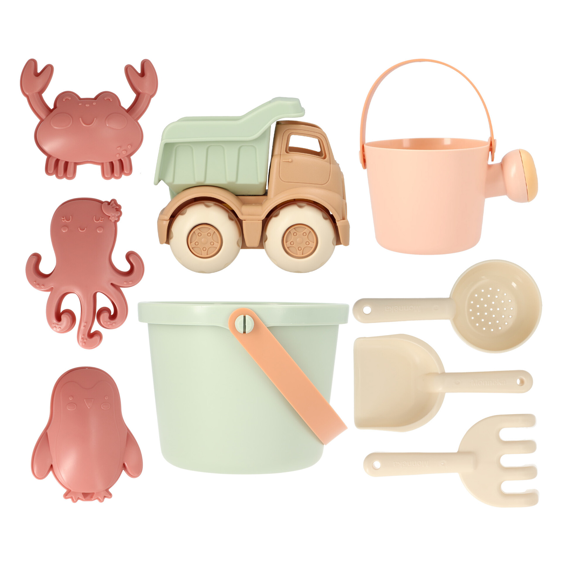 Conjunto de brinquedos de praia para crianças com balde, carrinho, regador e moldes de animais