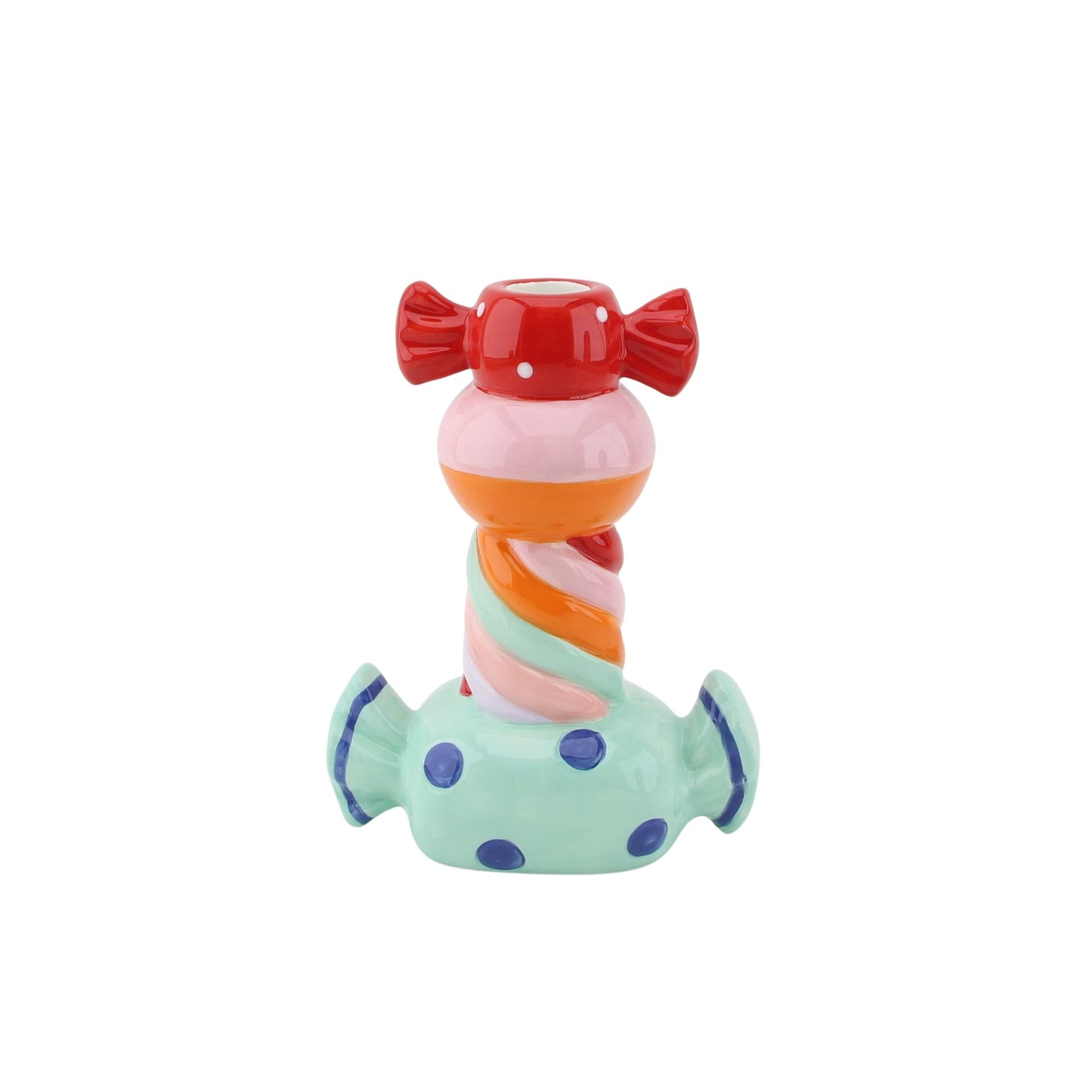 Castiçal cerâmico colorido em forma de doces sobre fundo branco