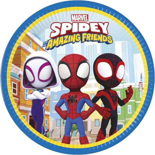 Prato descartável Marvel Spidey com personagens Spider-Gwen, Spidey clássico e Miles Morales, fundo cidade