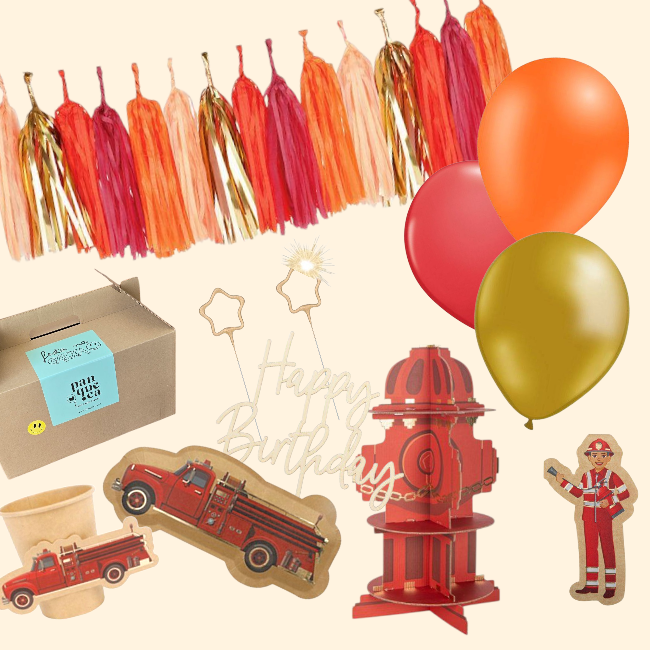 Conjunto de decoração de aniversário com balões, guirlanda e figuras de bombeiro