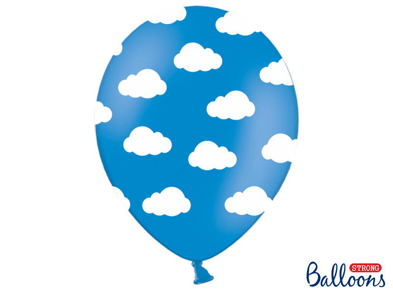 Balão azul com nuvens brancas e logo 'STRONG Balloons'