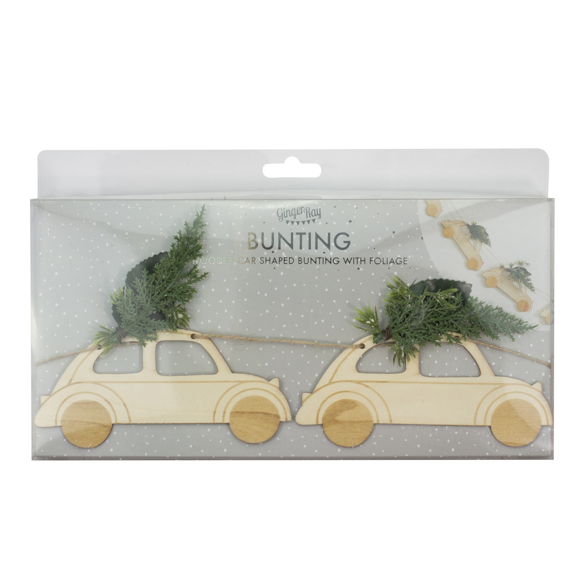 Decoração em madeira com carros clássicos e árvores verdes artificiais em embalagem transparente