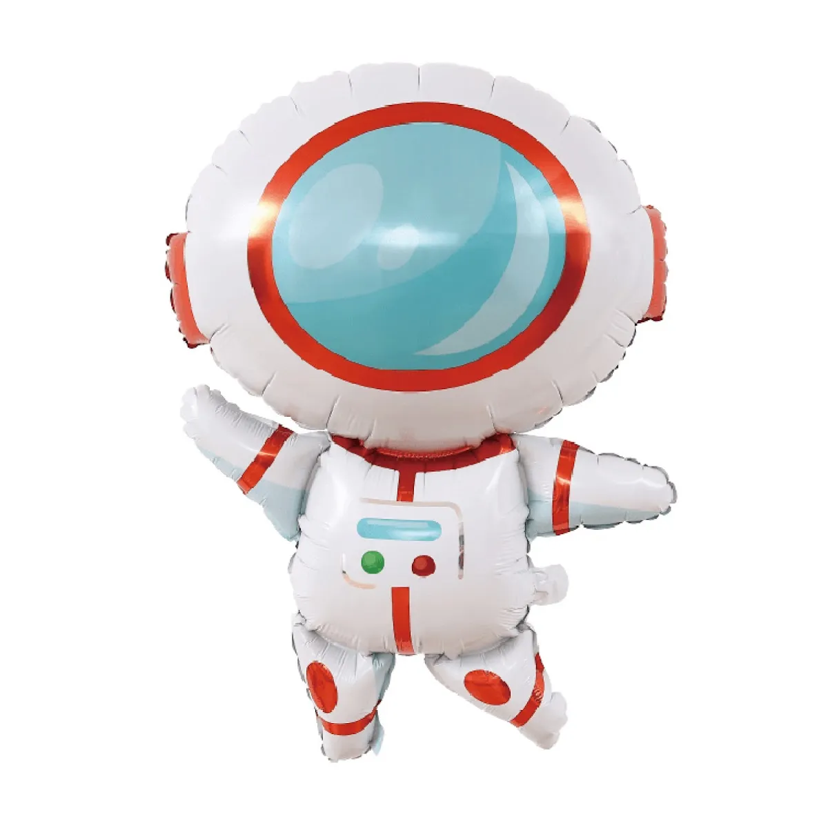Balão em forma de astronauta branco com detalhes vermelhos e viseira azul