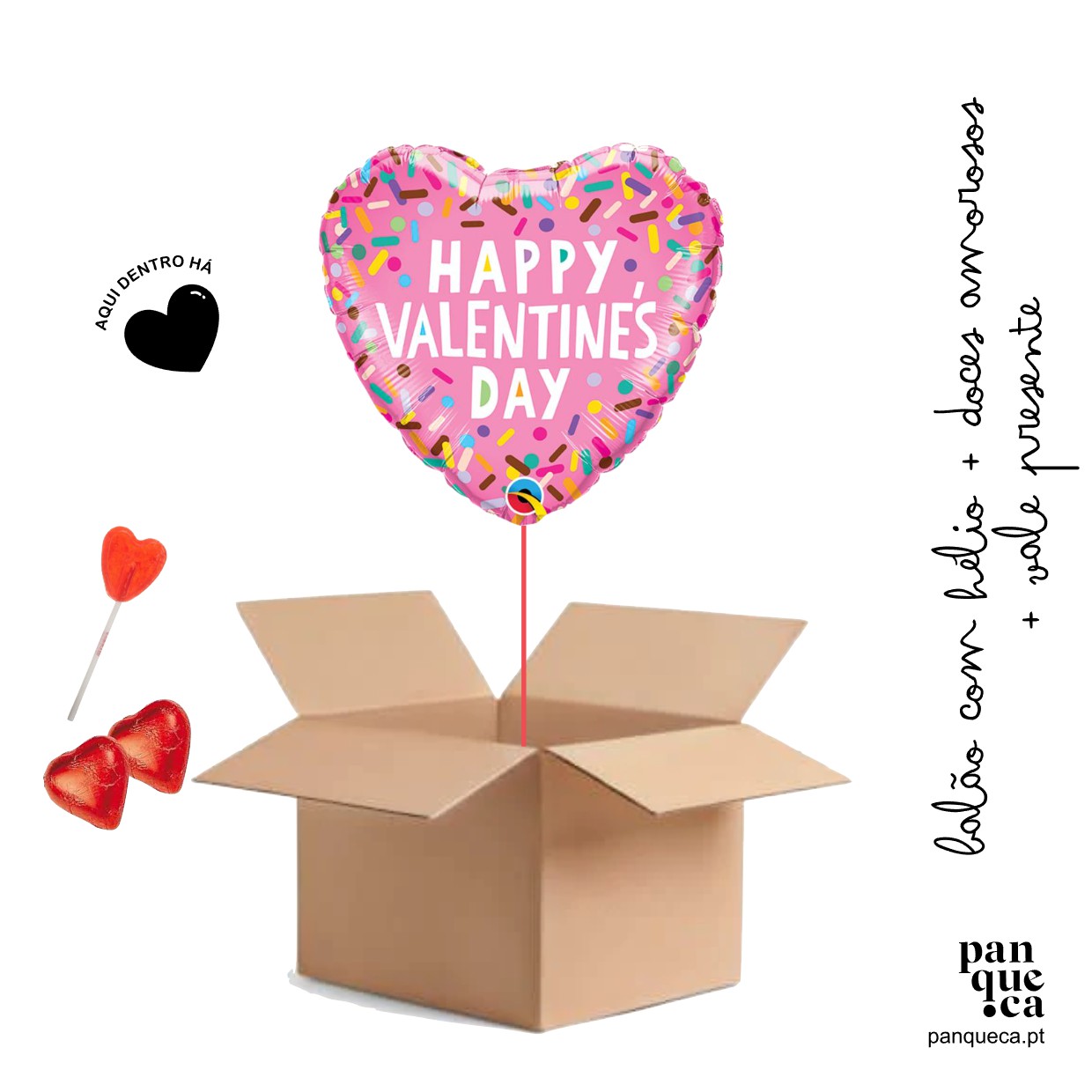Balão e doces em caixa de cartão aberta para Valentine's Day