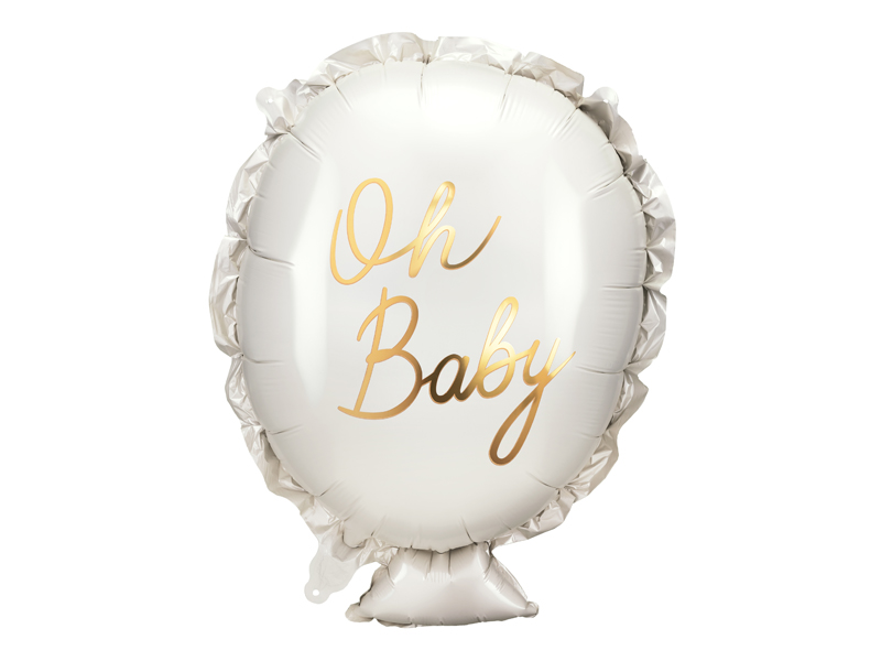 Balão oval metálico prateado com texto dourado 'Oh Baby'