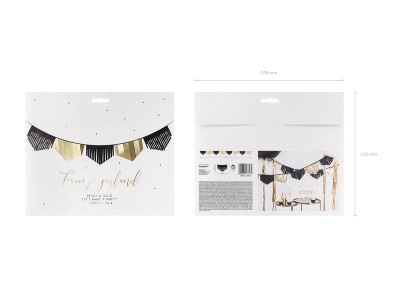 Embalagem de guirlanda de bandeiras pretas e douradas