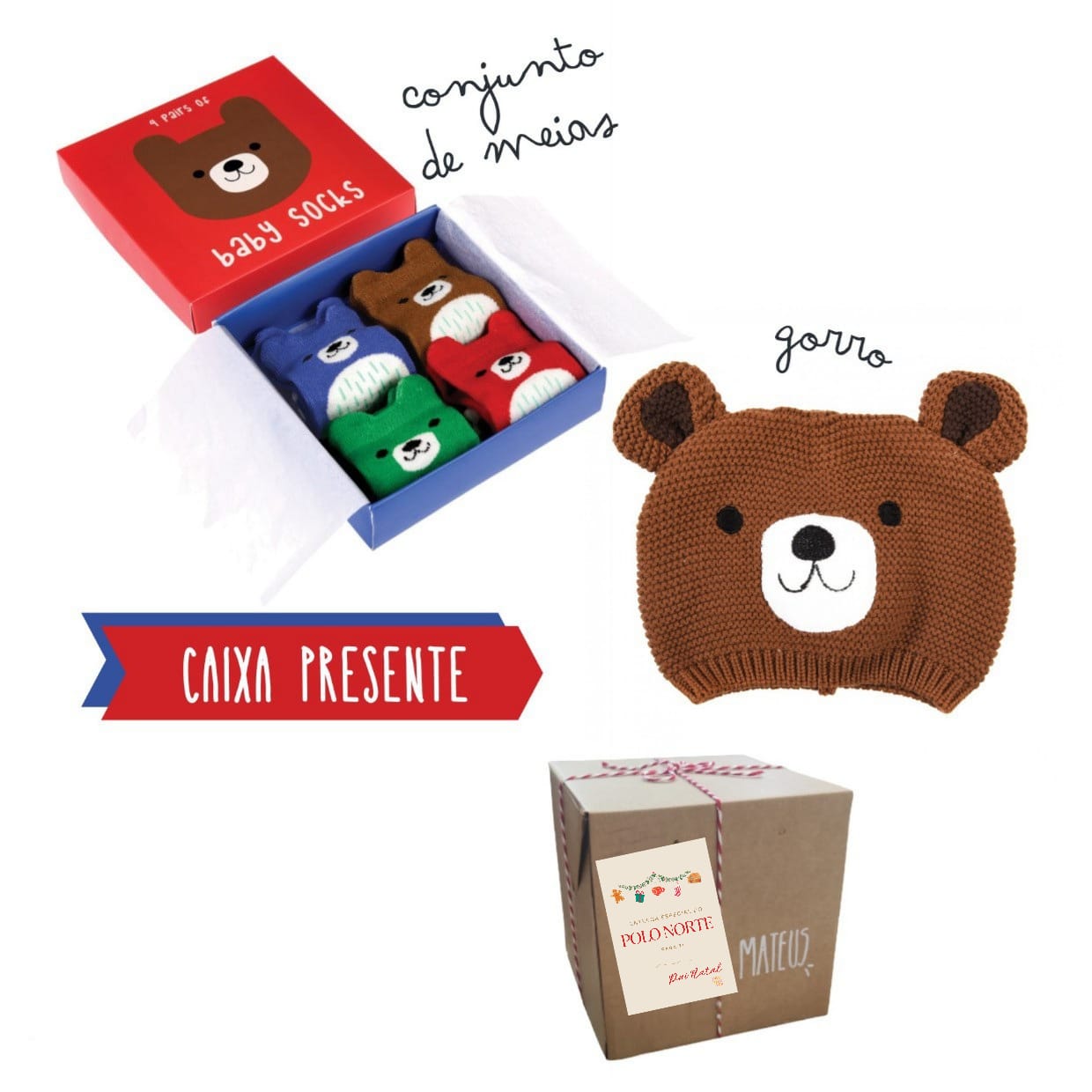 Caixa presente | Meias + gorro ursinho 0-6 meses