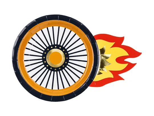 Roda de bicicleta preta e laranja com desenho de chama ao fundo