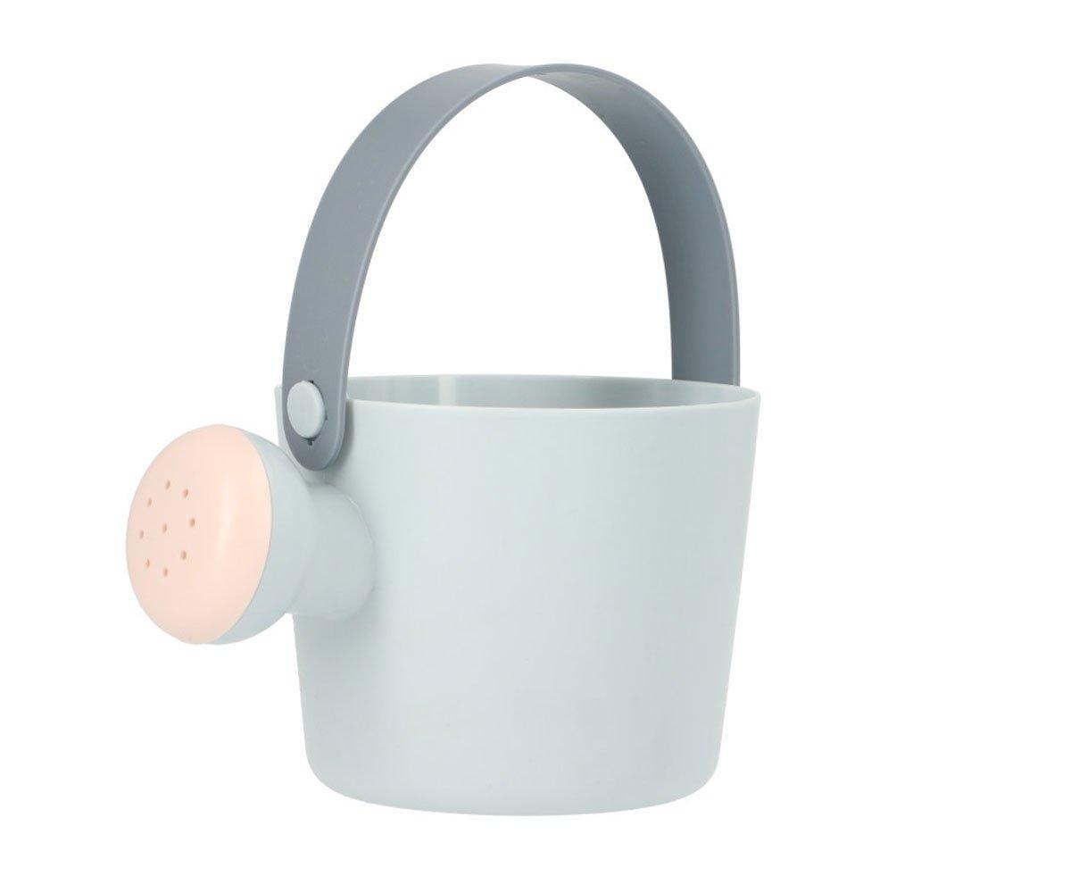 Regador de plástico cinzento claro com bico rosa e alça cinzenta