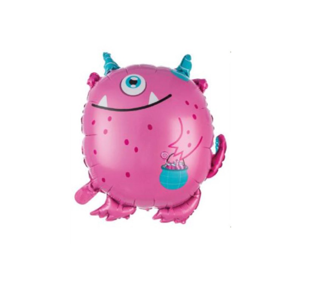 Balão de monstro rosa com um olho, chifres azuis e bolso azul