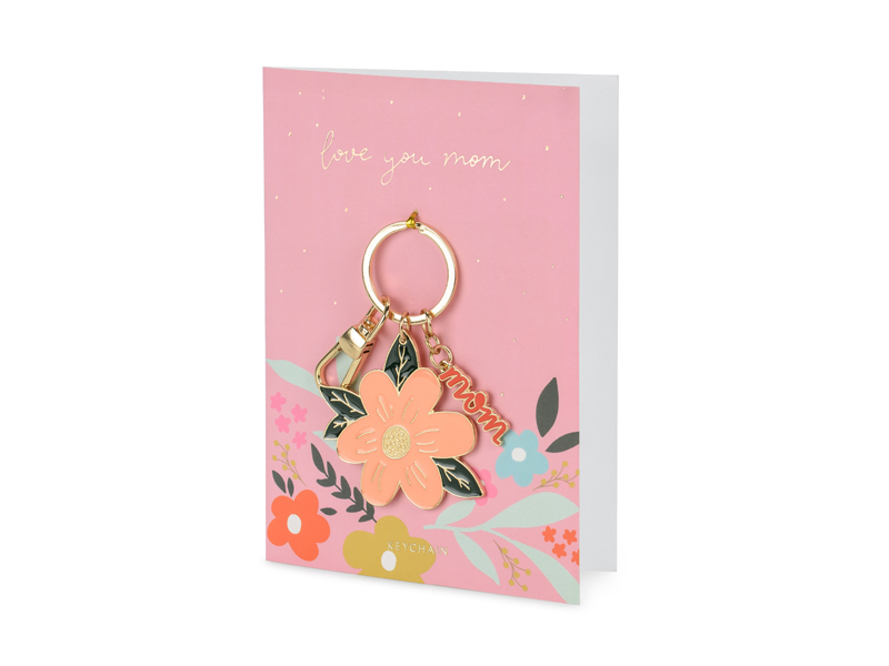 Porta-chaves florido com texto love you mom em cartão cor-de-rosa