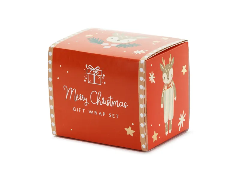 Caixa cúbica vermelha com ilustração de rena e texto Merry Christmas