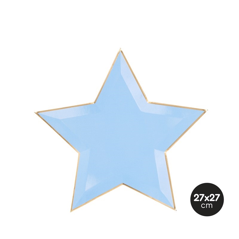 Prato azul claro em forma de estrela com bordas douradas, 27x27 cm