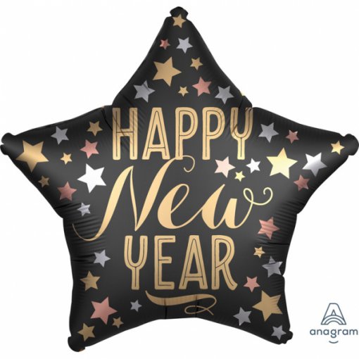Balão estrela preto com texto dourado Happy New Year e estrelas coloridas