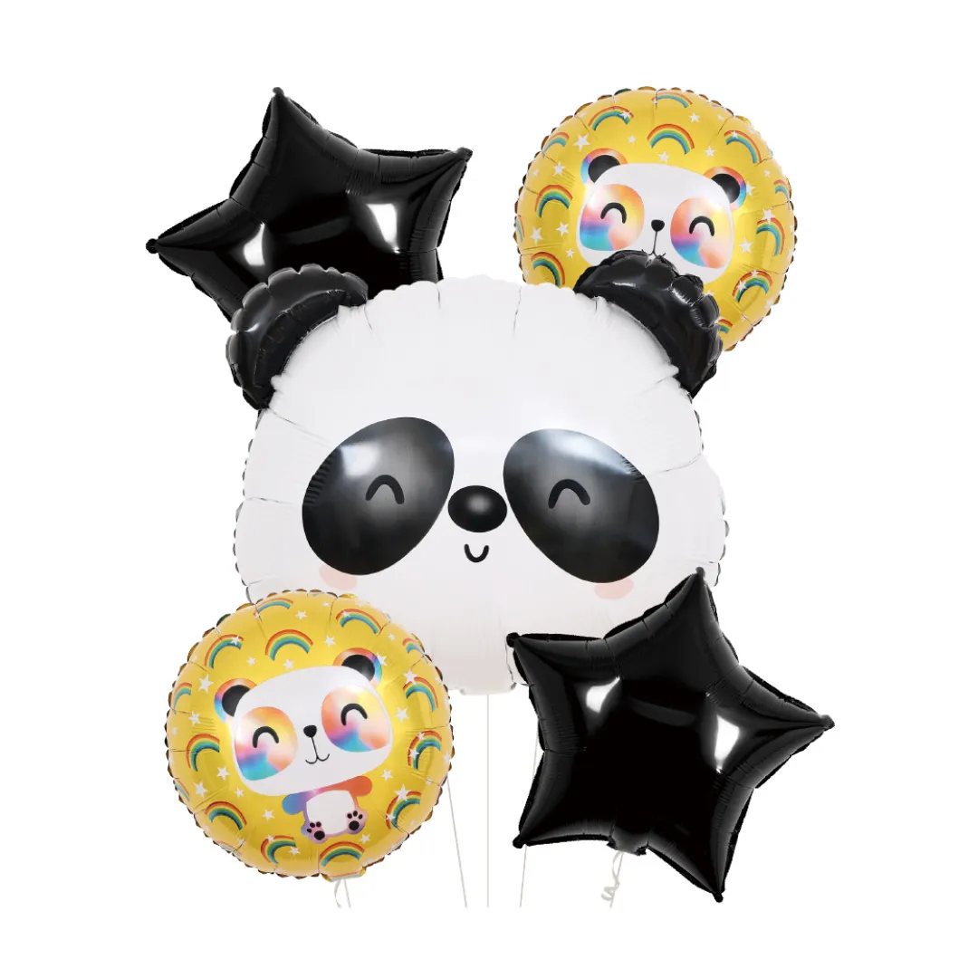 Conjunto de balões de festa com panda e estrelas pretas