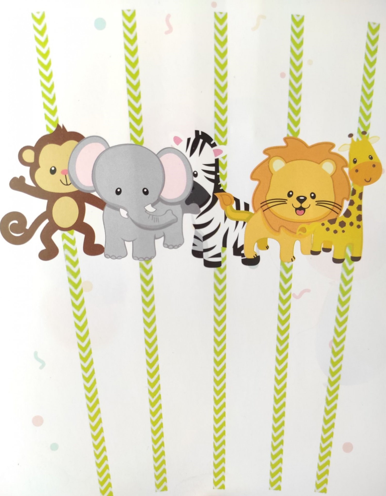 Desenho de animais animados lado a lado com listas amarelas verticais no fundo branco.