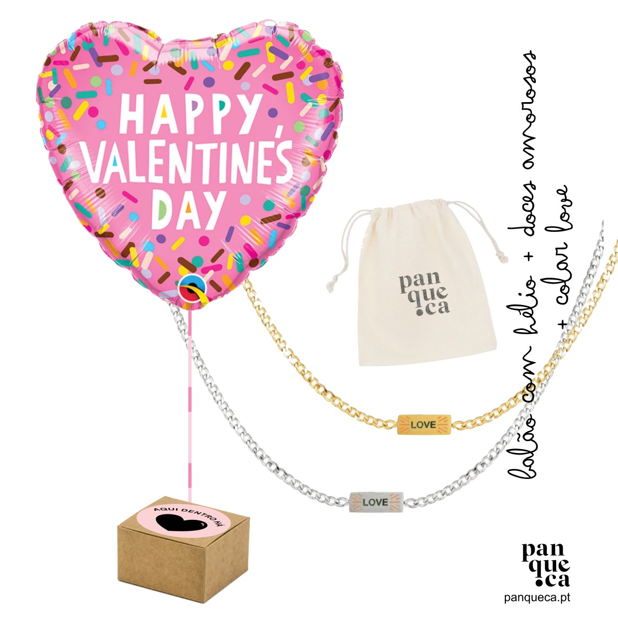 Balão de coração rosa, duas pulseiras LOVE, saco de tecido e caixa de papelão