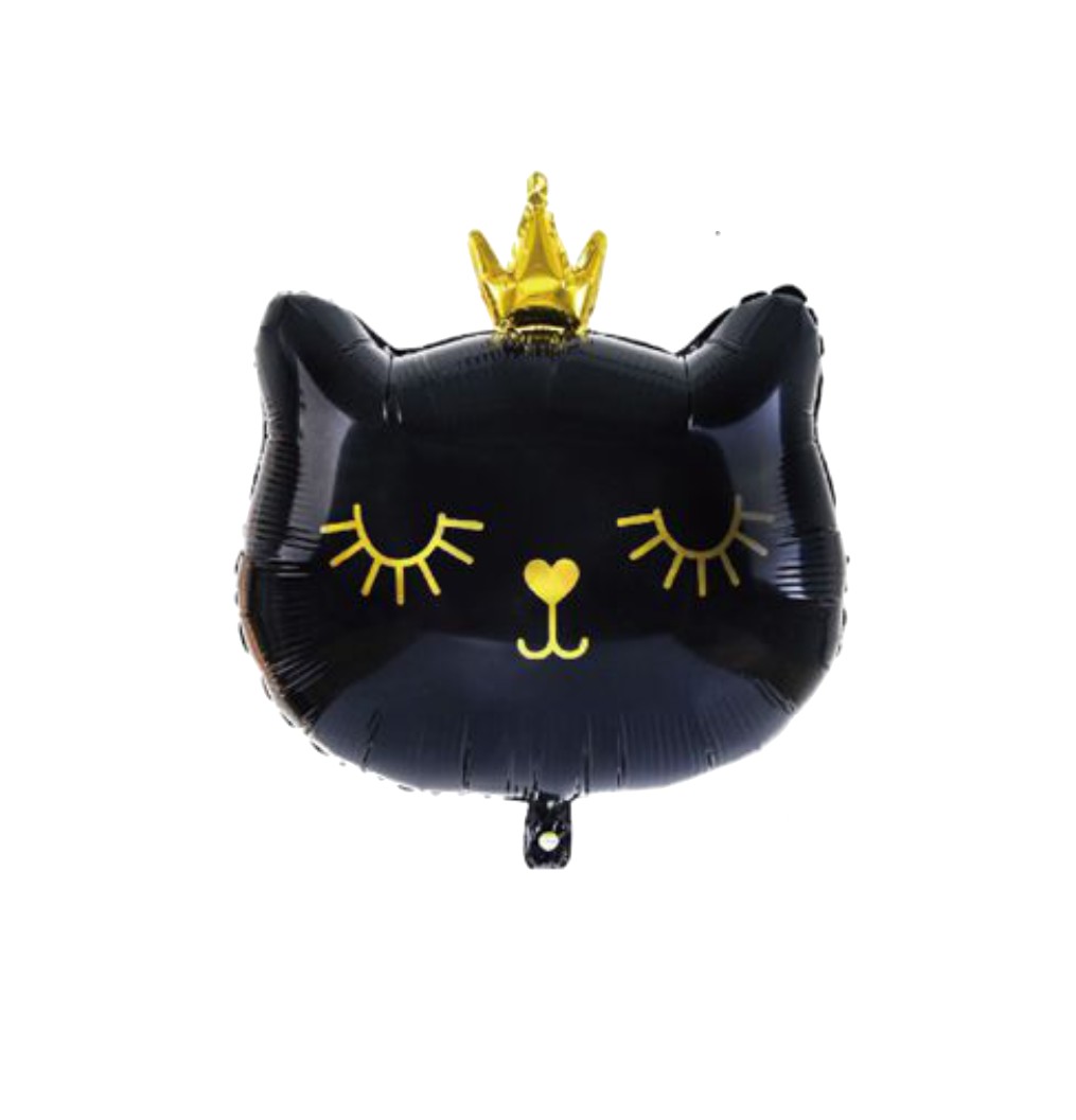 Balão metálico em forma de cabeça de gato preto com coroa dourada