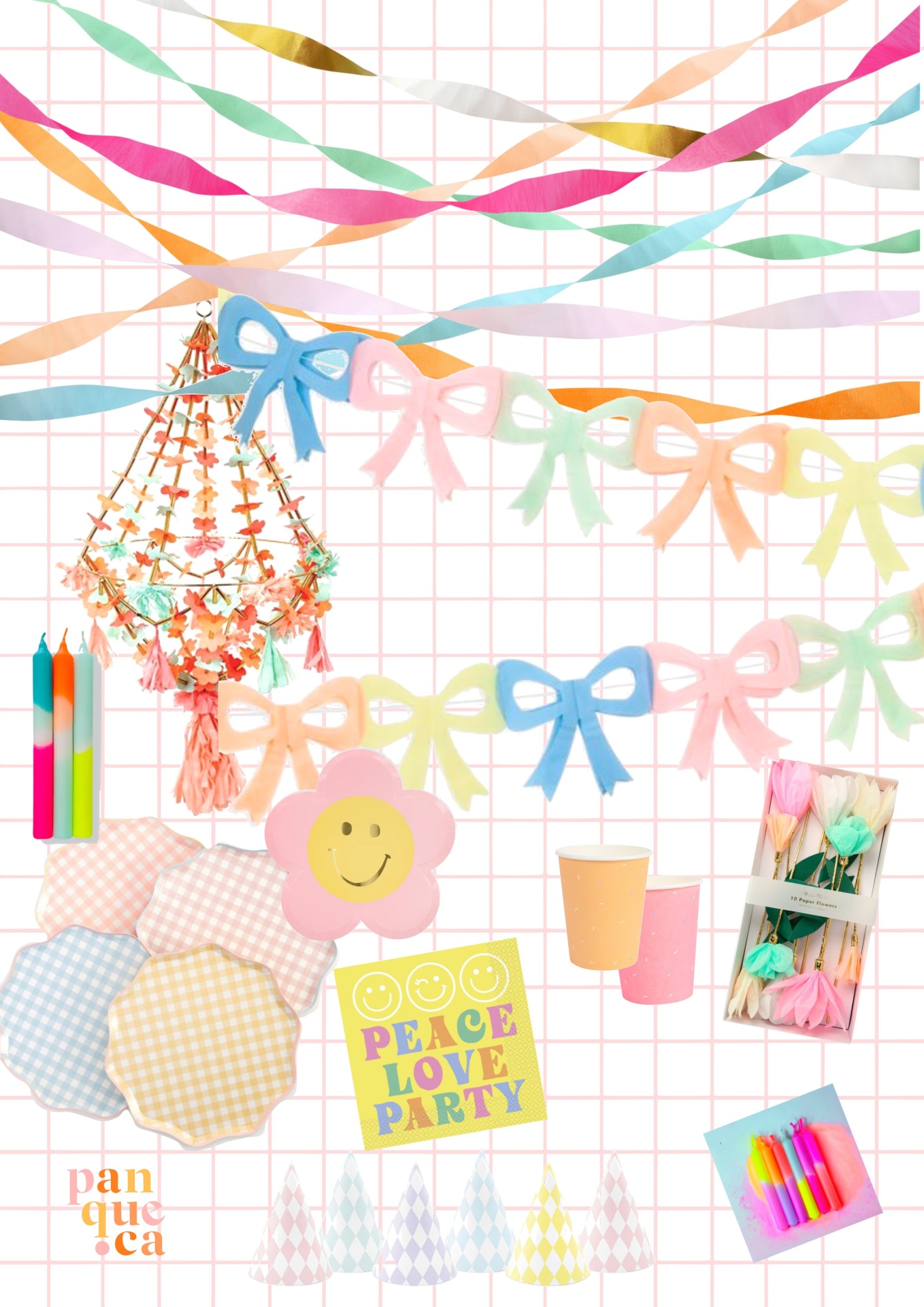 Decoração colorida de festa com guirlanda de flores, fitas, laços, copos, chapéus e cartão PEACE LOVE PARTY