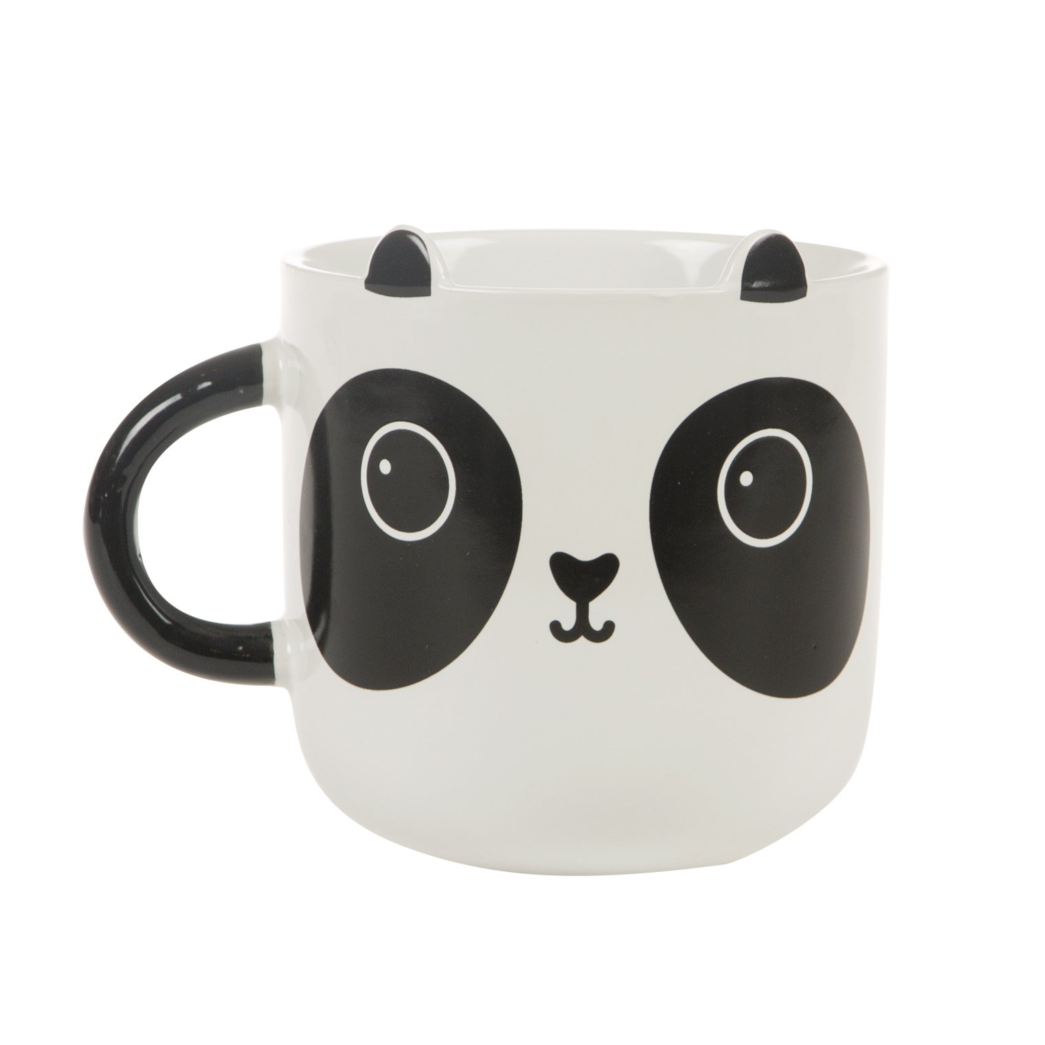 Caneca de cerâmica com desenho de panda e alça preta