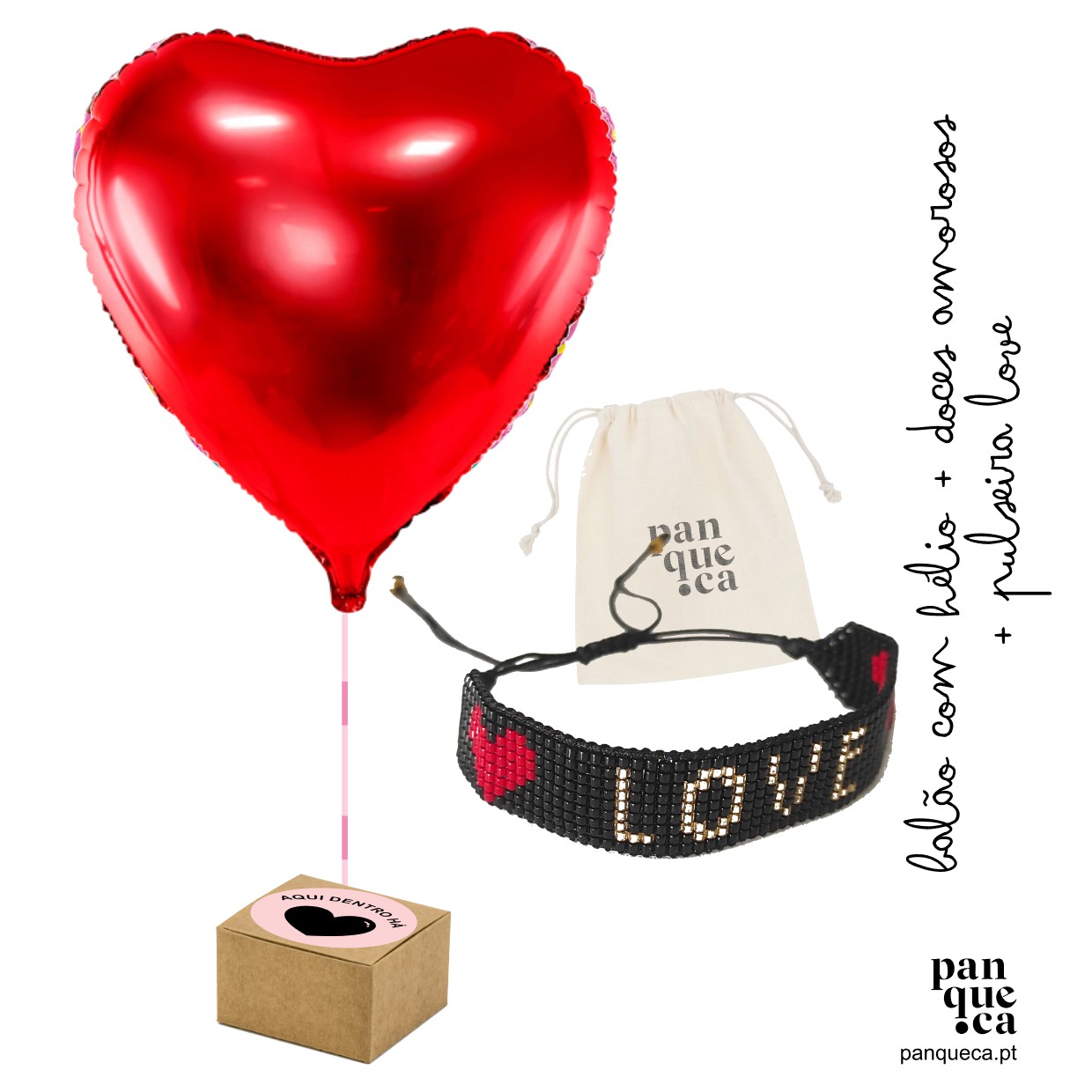Balão vermelho coração, pulseira preta com LOVE e saco panqueca