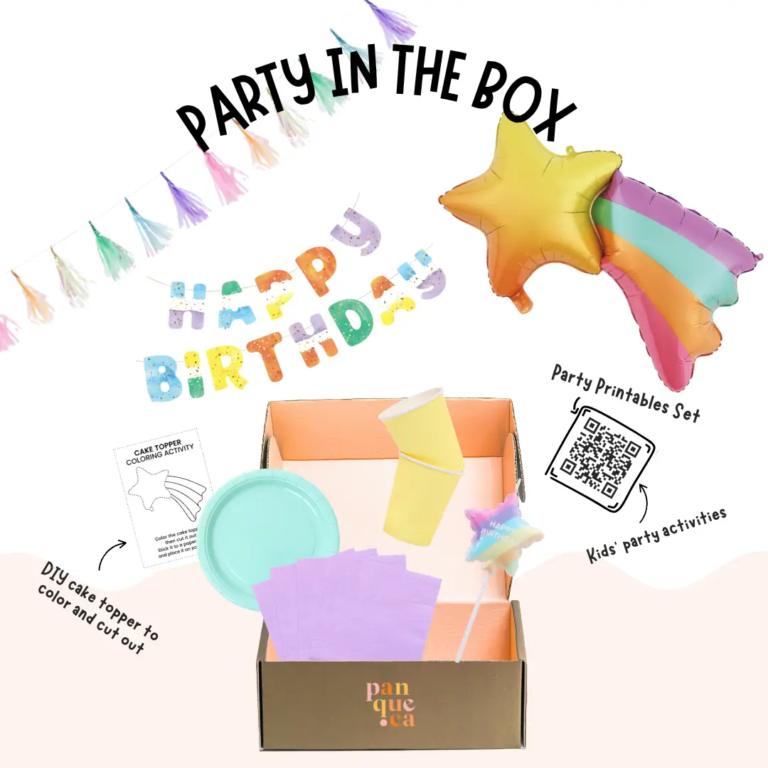 Kit festa colorido com balão estrela, letras de feliz aniversário, pratos, copos e guardanapos